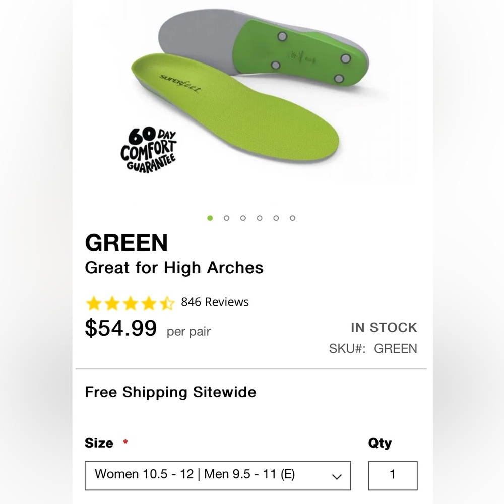 Superfeet Green insoles Sz “E” *brand new*
